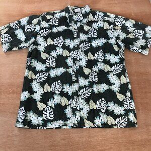 Go Barefoot Hawaiian Shirt Men L Blue Floral Button Up Collared Pocket